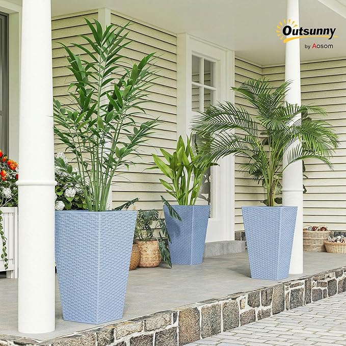 Outsunny Tall Planters for Outdoor Plants Set of 3, 24 in Taper Planters with Drainage Holes, Rattan Decor Plant Pots for Indoor Outdoor Front Porch Patio Backyard, Light Gray