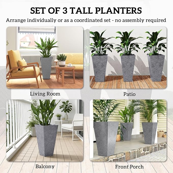Outsunny 28 Inch Tall Planters for Outdoor Plants, Set of 3 Plastic Flower Pots with Marble Finish and Drainage Holes, Stackable Tapered Large Planters for Indoor Plants, Front Porch Decor, Gray