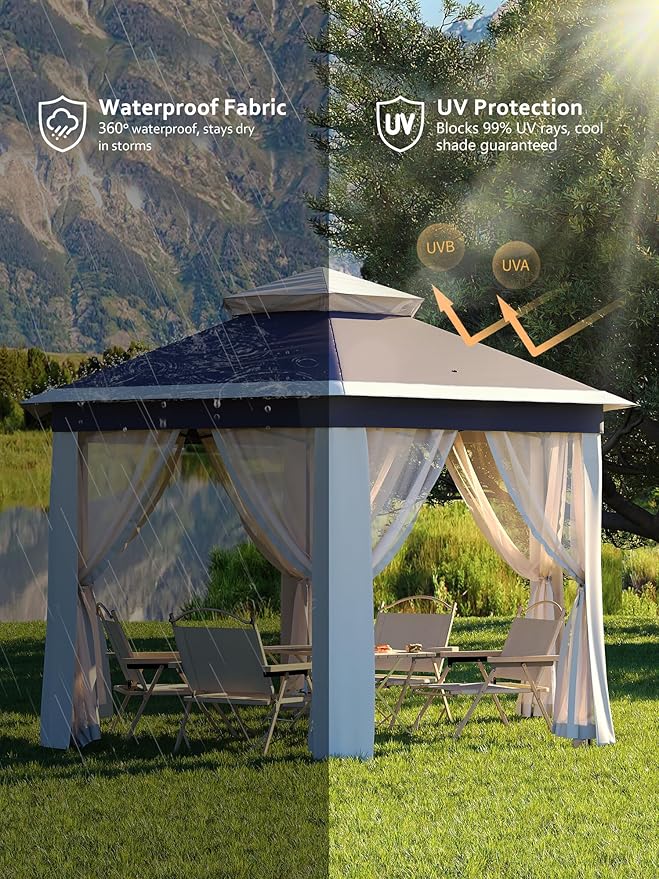 Garvee Pop Up Gazebo Screen Tent,Hexagonal Instant Gazebo Tent with Mosquito Netting Outdoor Canopy,6 Sided Sun Shelter 13x13ft with Mesh Netting,Pavilion Tents for Patio,Blue+Beige