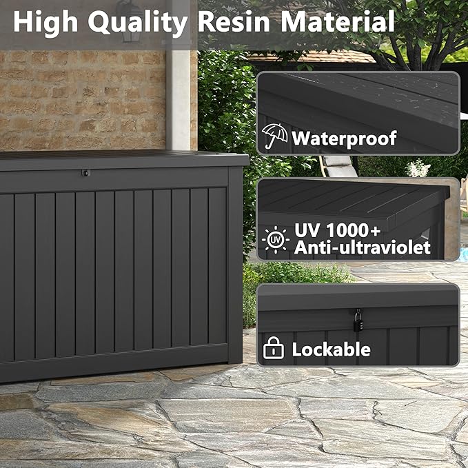 Outdoor Storage Box, Resin Deck Boxes Indoor and outdoor, Waterproof Storage Box Lockable Lid (Black,180 Gallon)