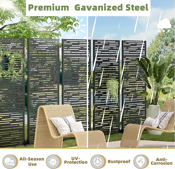 Casaphoria Metal Privacy Screen Outdoor, 72" H x 35" W Freestanding Decorative Privacy Screen for Patio Deck Balcony Garden with Stable Base, Black-Shine