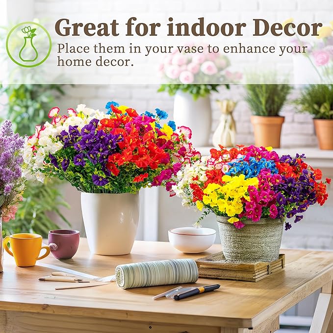 16PCS Artificial Fake Flowers for Outdoors/Indoors, Faux Silk Colorful Morning Glory with Eucalyptus, UV Resistant Realistic Floral Arrangement for Garden Porch Window Box Home Balcony Yard (8 Colors)