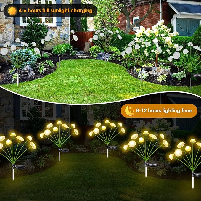 2PK 16LED Solar Garden Lights Outdoor, Mushroom Solar Lights Outdoor, IP65 Waterproof Firefly Light Outside Decor for Patio Pathway, Sway by Wind for Pathway Garden Mushroom Decorations, Warm White