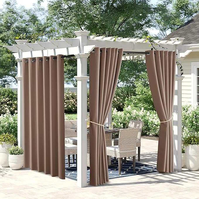 NICETOWN 2 Panels Weighted Patio Curtains Outdoor Waterproof 84 inches Long, Rustproof Grommet Blackout Heavy Weight Privacy Indoor Outdoor Drapes Thermal Curtains for Pergola, Tan