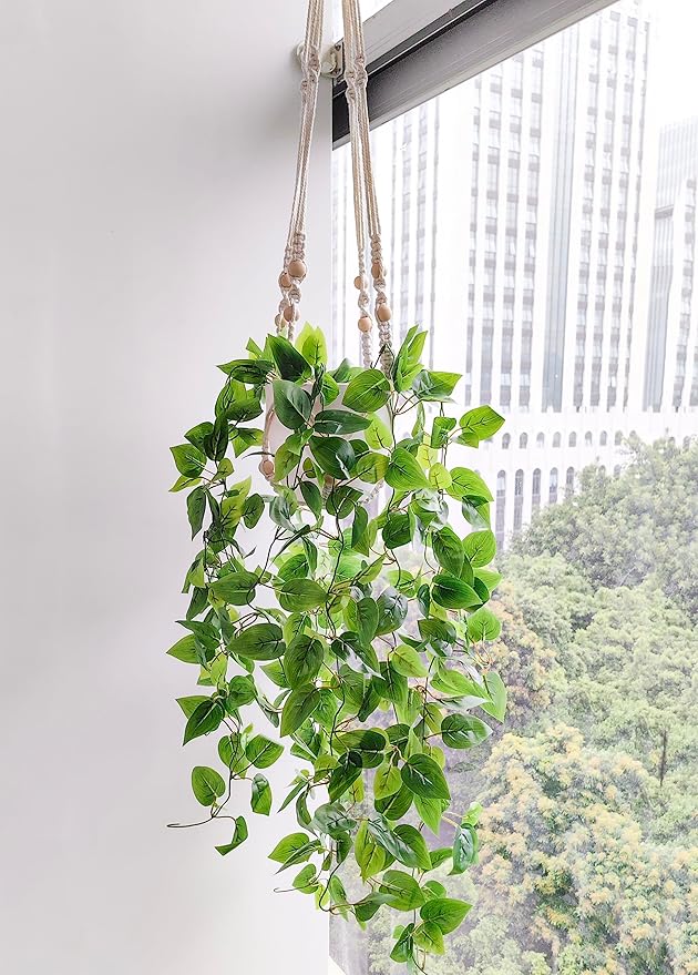 Comtelek Fake Hanging Plants Artificial Plants for Home Decor Macrame Plant Hanger with Fake Vines Faux Hanging Planter Greenery for Wall Ceiling Bedroom Bathroom Kitchen Office Boho Decor Indoor