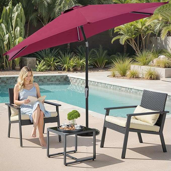 OLIXIS 7.5ft Patio Umbrella with Tilt and Crank Button & 8 Sturdy Ribs Waterproof, Patio Table Umbrella Perfect for Poolside, Terrace, Beach and Outdoor Restaurant, Red