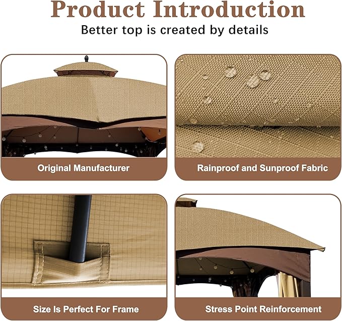 SCOCANOPY Beige Ripstop Replacement Top for Lowe's Allen Roth 10X12 Gazebo Model #GF-12S004B-1/ GF-12S004BTO