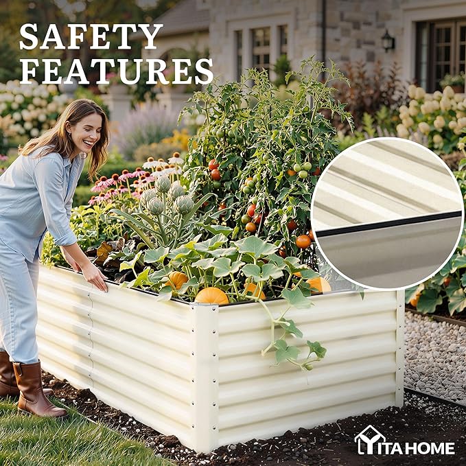 YITAHOME 8x4x2ft 2pcs Large Raised Garden Bed Kit, Galvanized Metal Planter Box with Gloves & Safety Rubber, Outdoor Above Ground Planters for Plants Vegetables Flowers, Cream Yellow