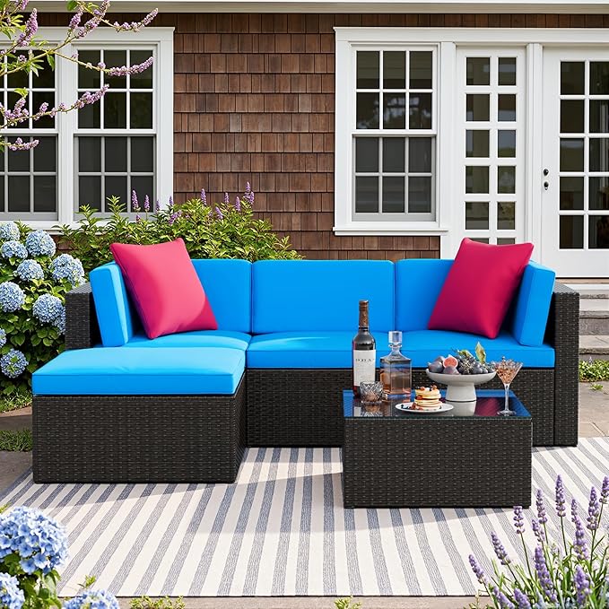 Devoko 5 Pieces Patio Furniture Sets All Weather Outdoor Sectional Patio Sofa Manual Weaving Wicker Rattan Patio Seating Sofas with Cushion and Glass Table (Blue)