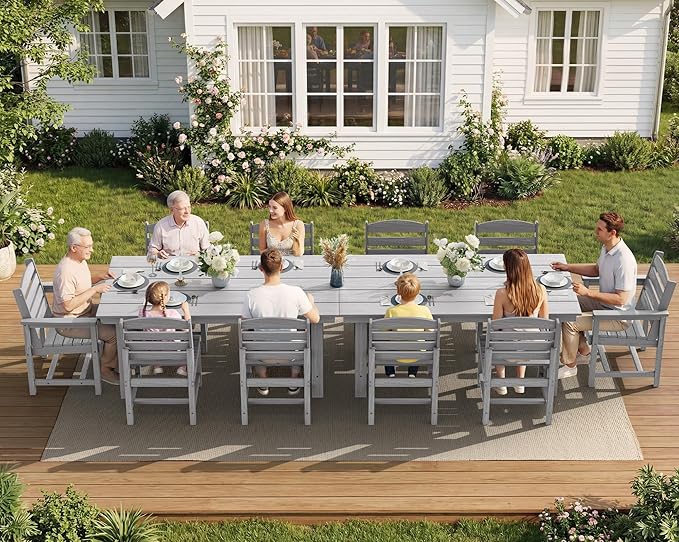 SERWALL Patio Dining Sets for 6 Person, HDPE Dining Set with 6 Armless Chairs, Light Gray