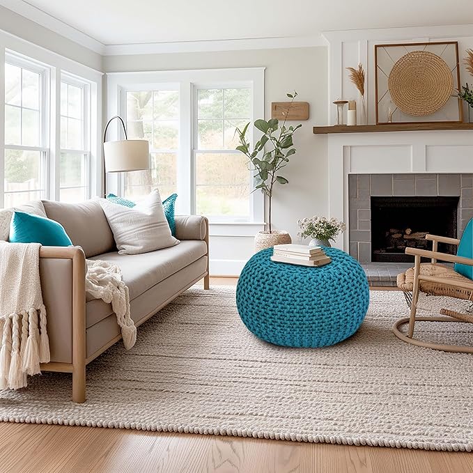 COTTON CRAFT Round Pouf - Hand Knitted Cotton Braid Cord Cable Dori Floor Pouf - Foot Stool - Ottoman Footrest Accent Seat Furniture Bean Bag - Living Room Kids Room Nursery Dorm Décor - 20x14 - Teal