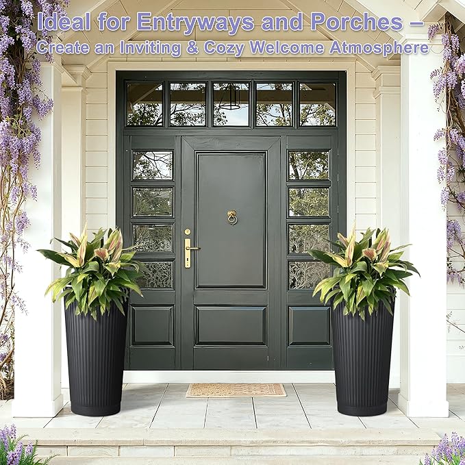 24in Tall Self-Watering Planters Set of 2 - Black Flower Pots with Water Level Monitor, Non-Toxic Plastic Planters for Indoor Outdoor Patio, Porch, Living Room, Home Office