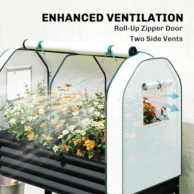 Outsunny Galvanised Raised Garden Bed with Greenhouse Cover, Metal Elevated Garden Bed with Legs, Bed Liner and Bottom Shelf, Outdoor Raised Planter Box for Vegetables, Herbs, Flowers, Black