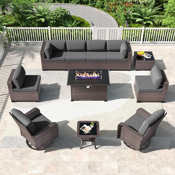 Kullavik 11 Pieces Outdoor Patio Furniture Set,PE Wicker Rattan Sectional Sofa Patio Conversation Sets with 43" 55000BTU Gas Propane Fire Pit Table,Swivel Rocking Chairs Set,Grey