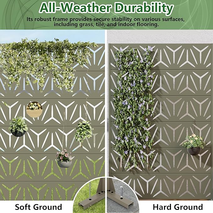 Casaphoria Metal Privacy Screen Outdoor, 72" H x 47" W Freestanding Decorative Privacy Screen for Patio Deck Balcony Garden with Stable Base, Green-Star