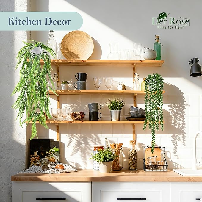 Der Rose 4Pcs Fake Plants Hanging Artificial Ivy Vine Faux Eucalyptus Hanging Plants, Boston Fern, String of Pearls for Living Room Bedroom Boho Wall Shelf Indoor Outdoor Decor (White Pots)