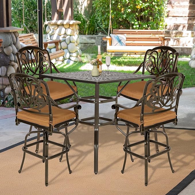 VIVIJASON 5-Piece Bar Height Patio Dining Set, All Weather Cast Aluminum Outdoor Table and Chairs Set with 4 Swivel Bar Stools, Cushions & 35.4" High Bar Table w/Umbrella Hole for Deck, Lawn, Garden