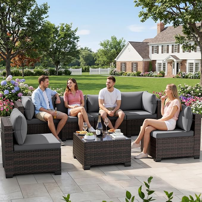 LEVELEVE 7 Pieces Outdoor Patio Furniture Sets,Rattan Conversation Sectional Set,Manual Weaving Wicker Patio Sofa with Tea Table