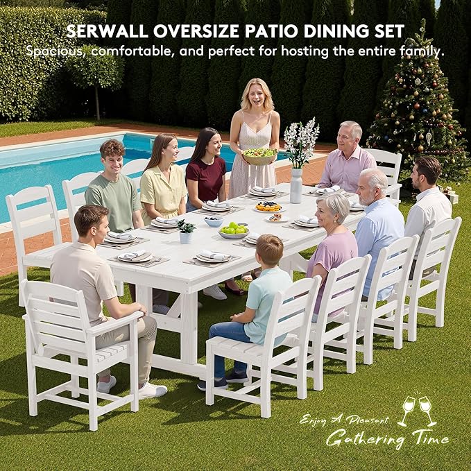 SERWALL 11 Piece Outdoor Dining Set, 84" HDPE Outdoor Table and Chairs for 10，All Weather Patio Furniture Set with Umbrella Hole for Backyard, Garden, White