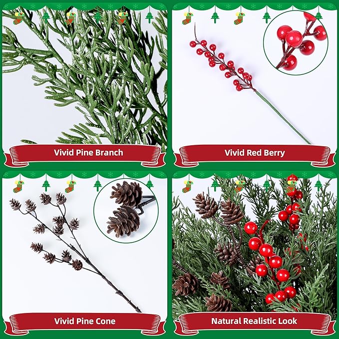 Faux Cedar Stems Artificial Norfolk Pine Branches for Christmas Decorations, 17 PCS Faux Pine Stems with Pinecones Red Berries Branches Realistic Faux Greenery for Vases DIY Garland Xmas Table Indoor