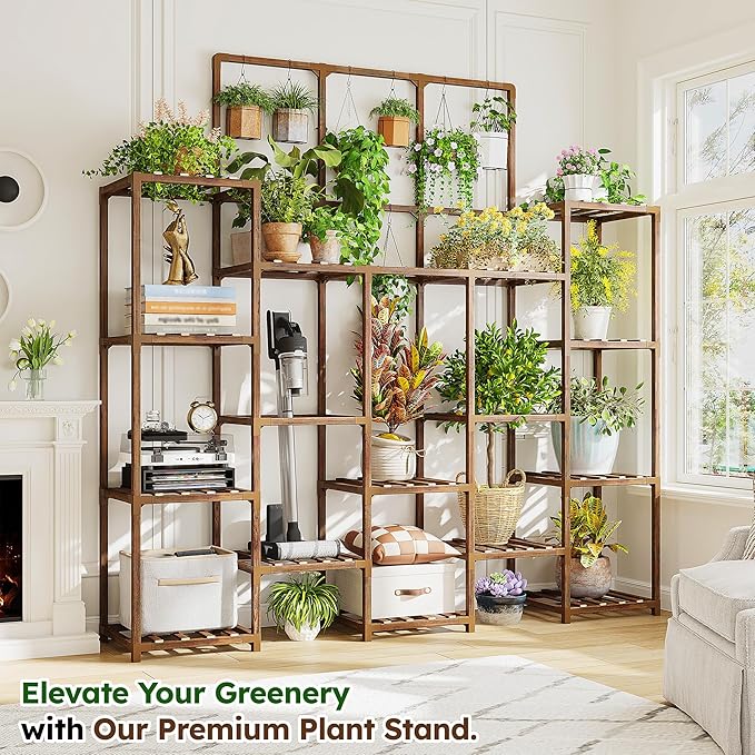 EnHomee 63''H Plant Stand Indoor Tall Plant Stands Outdoor with 7 Tiers and 14 Potted Upgrade Wood Plants Shelves Stand for Living Room Patio Balcony Yard Garden, 11.8''D×56''W×63''H