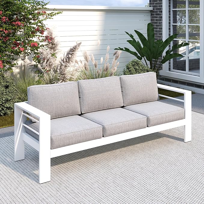 Solaste Outdoor Couch Aluminum Patio Furniture Sofa, 3-Seat All-Weather Metal Outdoor Patio Furniture with Cushions,Light Grey