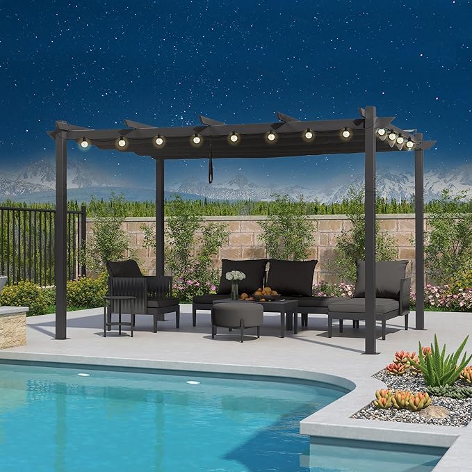 PURPLE LEAF 10' x 13' Aluminum Outdoor Pergola Retractable Pergola with Double Sun Shade Canopy Modern Grape Trellis Metal Pergola with Light for Patios Garden Deck Backyard, Gray