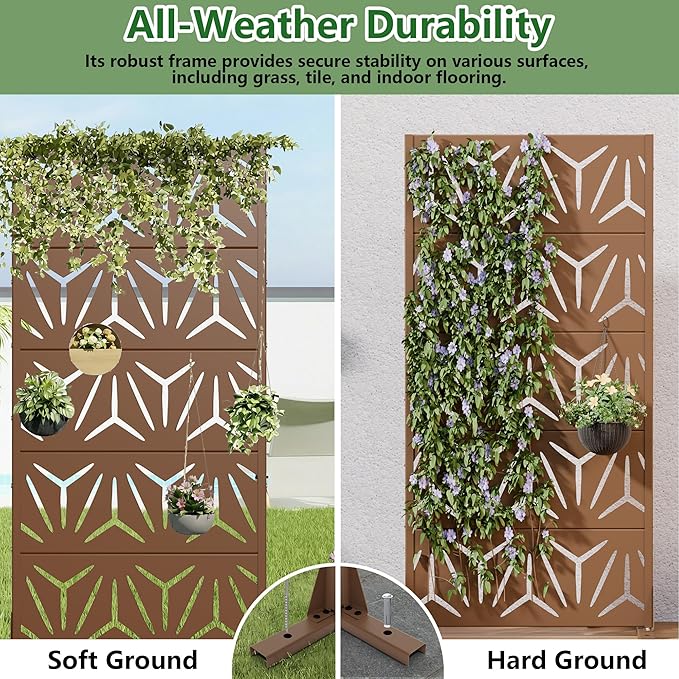 Casaphoria Metal Privacy Screen Outdoor, 60" H x 30" W Freestanding Decorative Privacy Screen for Patio Deck Balcony Garden with Stable Base, Brown-Star