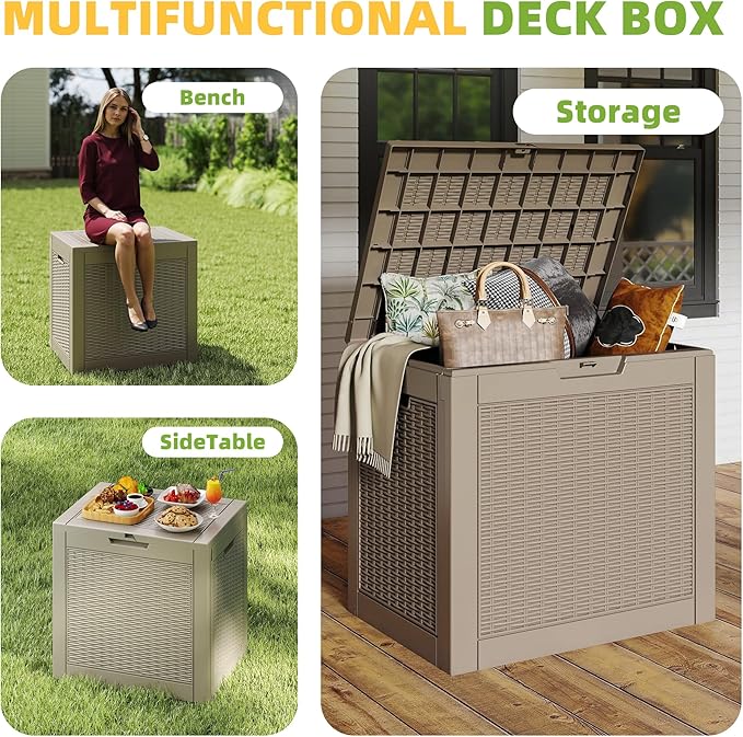 31 Gallon Outdoor Storage Box Weather Resistant UV Protection Waterproof Resin Deck Box for Garden, Patio, Porch, Delivery(Rattan Beige)