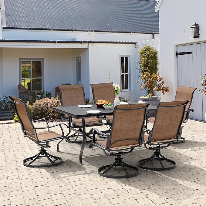 NUU GARDEN Patio Dining Set 7 Pieces Outdoor Dining Set for 6 Patio Swivel Chairs Textilene with 1 Metal Large Dining Table 6 Person Patio Set for Lawn Garden Deck, Brown and Black