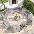 10-Seat Modern Patio Furniture Set with Swivel Rocking Chairs, Thick 4″ Cushions, Dual-Strand Wicker Rattan, Rust-Resistant Steel Frame – Outdoor Conversation & Modular Sectional,Gray