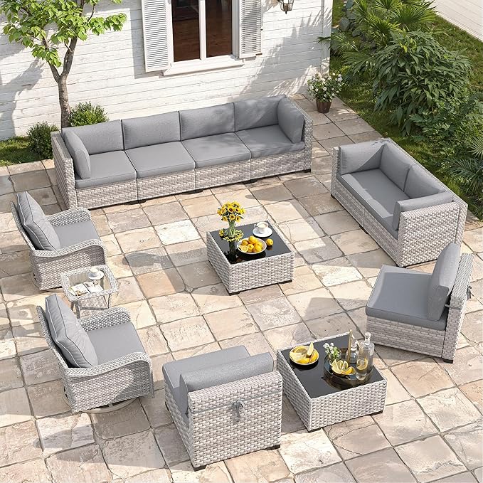 10-Seat Modern Patio Furniture Set with Swivel Rocking Chairs, Thick 4″ Cushions, Dual-Strand Wicker Rattan, Rust-Resistant Steel Frame – Outdoor Conversation & Modular Sectional,Gray