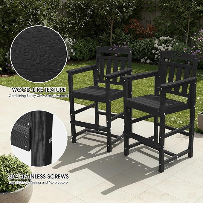 Ciokea Heavy Duty Bar Height Chair, 380lbs Outdoor Adirondack Tall Bar Chair Patio Stool with Arms & High Back, Heavy Duty All-Weather for Balcony, Poolside, Deck and Garden, Black