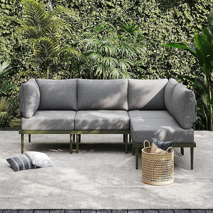 Sundale Outdoor 4 Pieces Patio Furniture Set, Metal Sectional Sofa Patio Conversation Set with 6 Inch Cushions, Modern Patio Corner Couch for Balcony, Porch, Sunroom