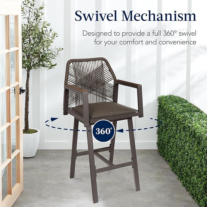 Best Choice Products Outdoor Bar Stools Set of 2, Bar Height, 360° Swivel Aluminum Frame, All-Weather Woven Rope Chair Design w/Armrests - Brown/Mocha