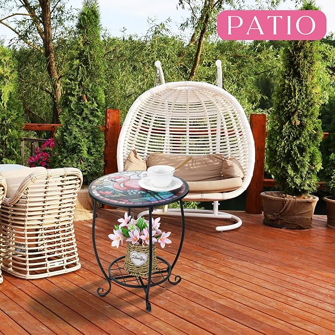 Outdoor Side Table Round Small Mosaic Patio Accent Indoor End Plant Coffee Tea Table for Yard Patio Porch Garden Living Room, Bedroom(Flamingo Style,14 Inch)