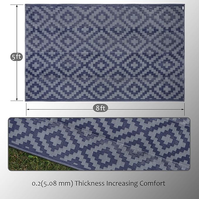 SAND MINE Reversible Mats, Plastic Straw Rug, Modern Area Rug, Large Floor Mat and Rug for Outdoors, RV, Patio, Backyard, Deck, Picnic, Beach, Trailer, Camping (5' x 8', Blue Grey Lattice)