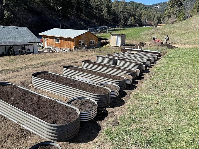 A ANLEOLIFE Set of 14, 18 Inch Tall Raised Garden Beds Kit, Heart-Shaped, Large Oval & Round Metal Planters – Ideal for Backyard Vegetables Flowers Herbs, Quartz Grey