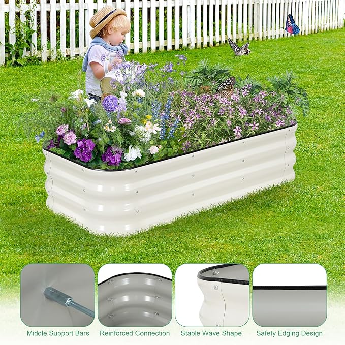 1MORE Raised Garden Bed - 4X2X1 Galvanized Planter Box for Outdoor Gardening and Planting, Ideal for Vegetables and Plants.White-1Pcak
