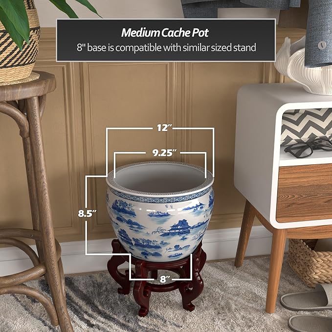 Red Lantern 12" Landscape Blue & White Porcelain Fishbowl Planter or Cachepot for Indoor/Outdoor Use in Garden Entryway Living Room Boho Eclectic Modern Contemporary Classic Traditional Style Decor