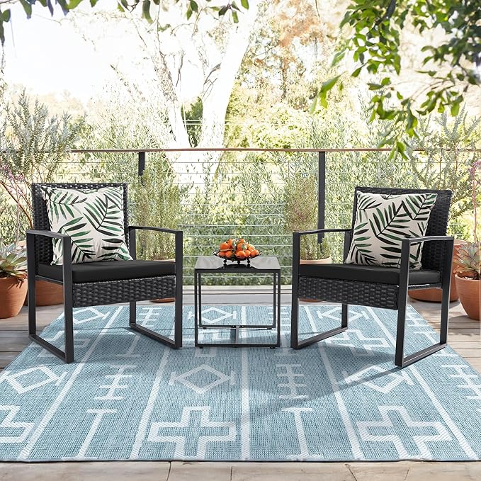 Flamaker 3 Pieces Outdoor Patio Wicker Furniture Set, Modern Rattan Chair Conversation Sets with Coffee Table for Yard and Bistro (Black)