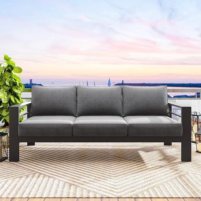 Solaste Outdoor Couch Aluminum Patio Furniture Sofa, 3-Seat All-Weather Metal Outdoor Patio Furniture with Cushions,Dark Grey