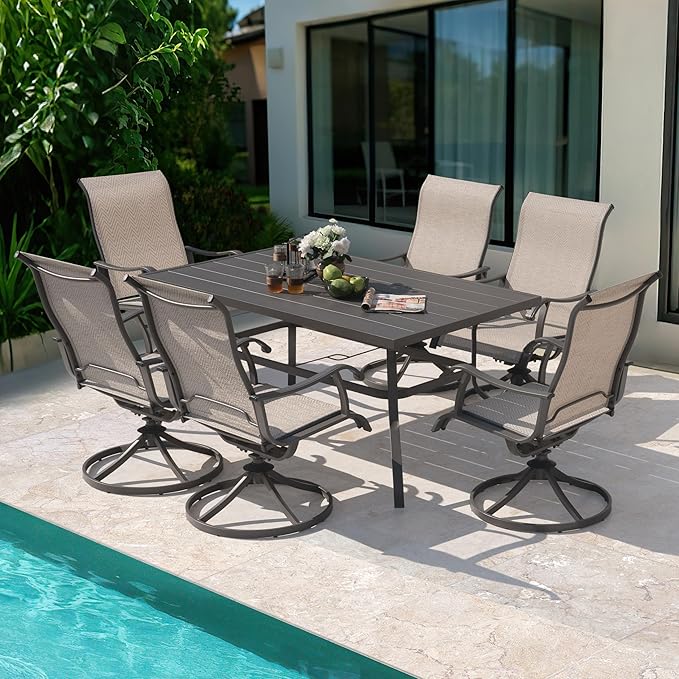 NUU GARDEN 7-Piece Outdoor Dining Set for 6, 61'' x 37'' Rectangle Metal Table with Umbrella Hole & 6PCS Textilene Swivel Chairs, All-Weather Patio Outdoor Furniture for Porch Backyard Garden Poolside