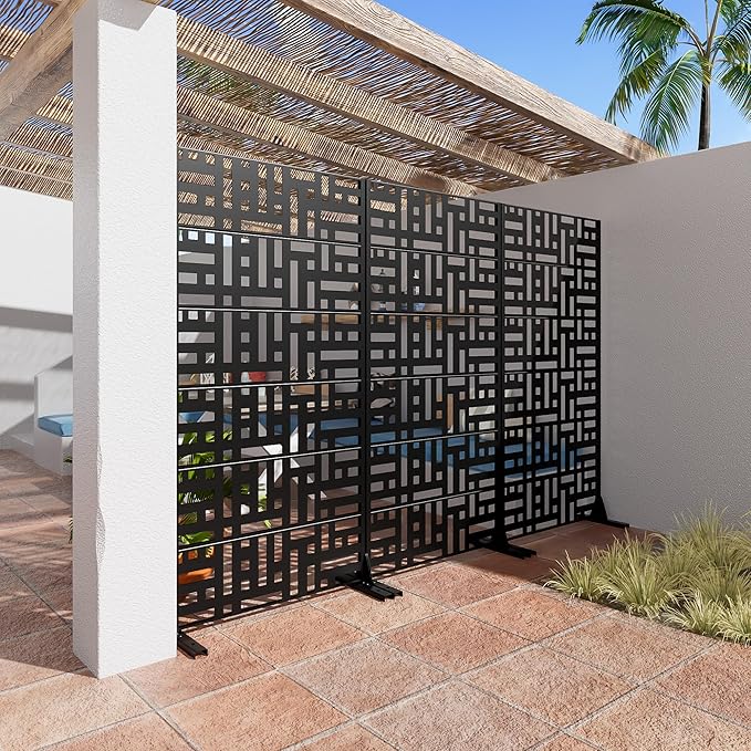 Casaphoria 72" H x 35" W Metal Privacy Screen, Outdoor Freestanding Decorative Divider for Patio, Deck, Balcony, and Garden with Stable Base, Black-Helen