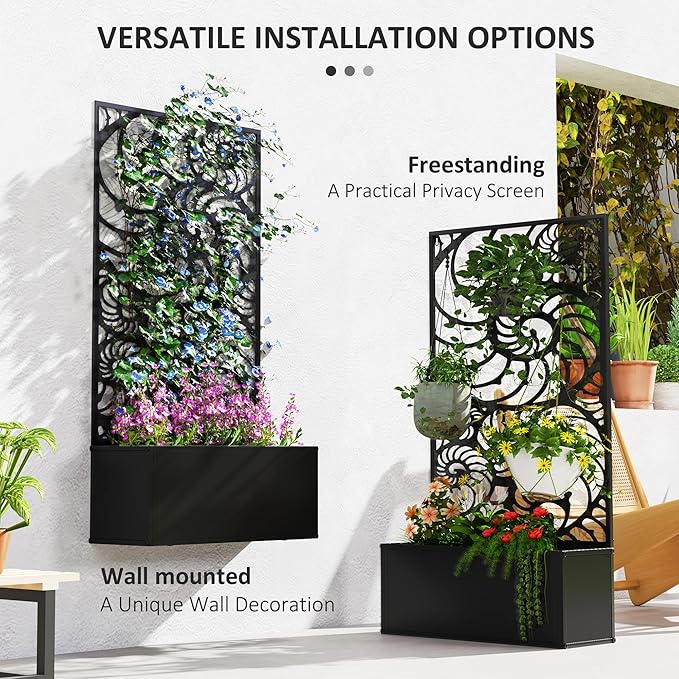 Outsunny Metal Raised Garden Bed with Trellis for Climbing Plants, Freestanding or Wall Mounted Flower Bed with Privacy Panel, Snail Cut-Outs Outdoor Planter Box for Garden, Patio, Balcony
