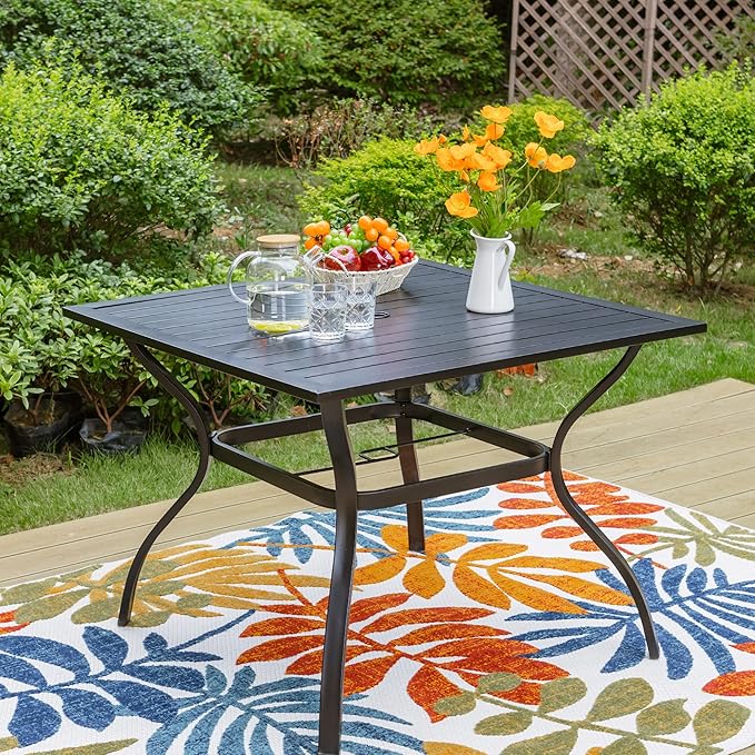 PHI VILLA 37" Patio Table for 4, Metal Outdoor Dining Table with E-Coating, Square Steel Slated Outdoor Table with 1.57" Umbrella Hole for Garden Backyard, Black