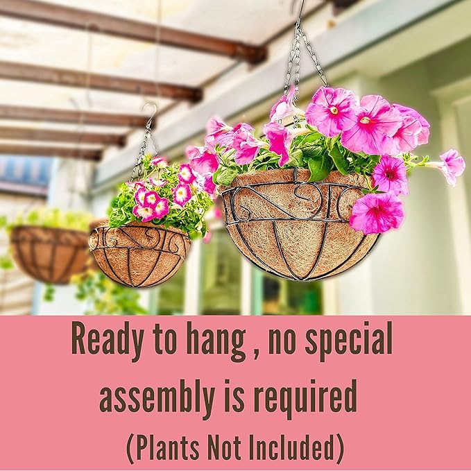 LaLaGreen Hanging Planter for Outdoor Plants (14 Inch, 2 Pack) Black Hanging Baskets with Coco Liner, Metal Wire Flower Basket Pots with Hook Hanger Balcony Porch Farmhouse Country Style Garden Decor