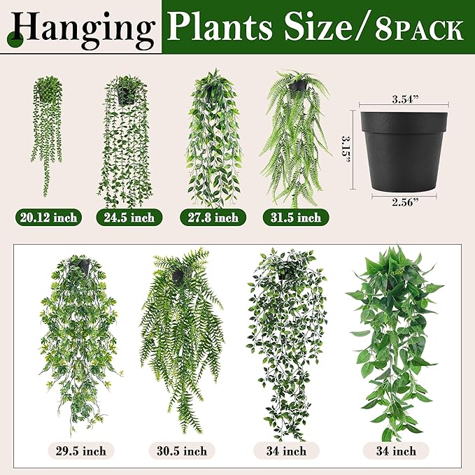 Der Rose 8Pcs Fake Plants Hanging Artificial Ivy Vine Faux Eucalyptus Hanging Plants for Home Boho Wall Shelf Indoor Outdoor Decor (Black Pots)