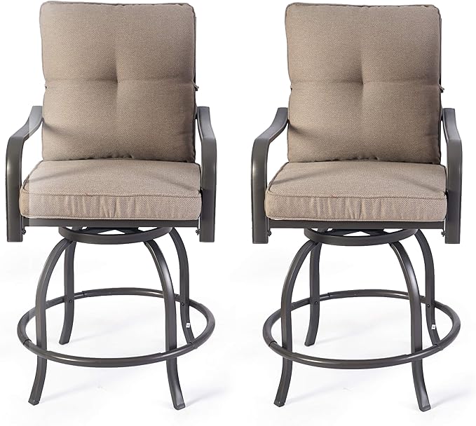 Kozyard Isabella Outdoor Swivel Bar Chairs, Counter Height Patio Bar Stools Set of 2 with Cushioned Seats, All-Weather Metal Bistro Chairs for Backyard Dining Beige