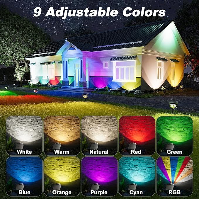 Solar Spot Lights Outdoor Waterproof IP68, RGB Colors Changing Solar Lights with 4 Lighting Modes, Solar Powered Lights Outdoor for Garden Yard Pathway Landscape (4Pack)